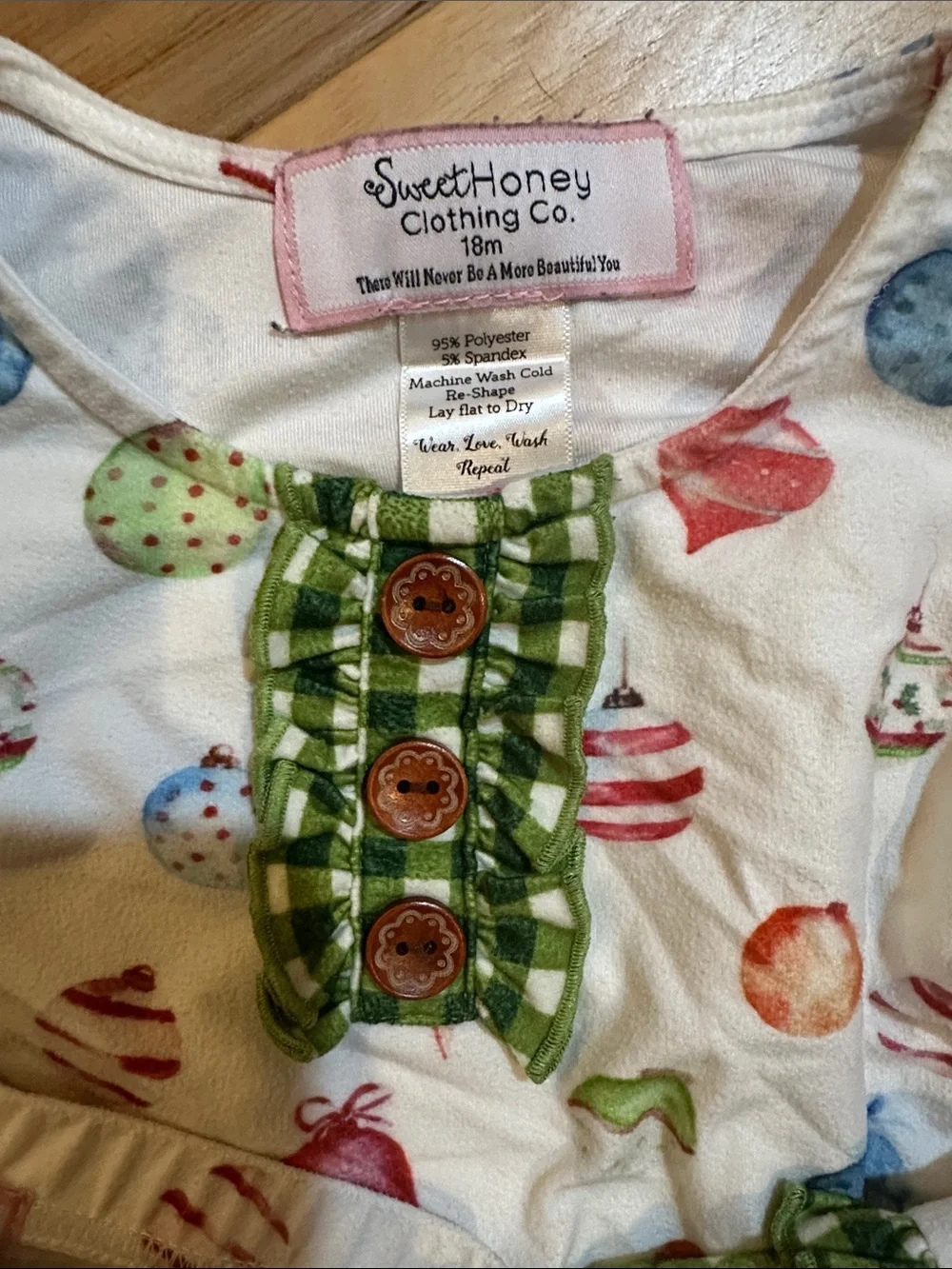 SweetHoney Ornament Kids Pajama Set with Green Gingham Trim